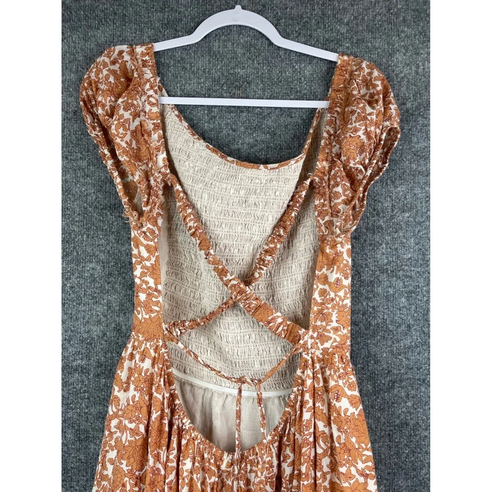 Free People Maxi Dress Womens L Orange Floral Excellent Smocked Open Back Boho